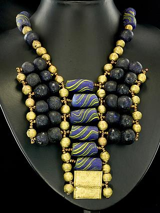 Ghanaian modern necklaces with recycled blue glass-  and brass beads 05.11.936