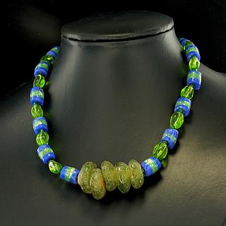 Necklace with green  and blue Ghaneen glass beads 05.11.927