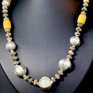 Ethiopian silver alloy  and amber bead necklace 02.03.027